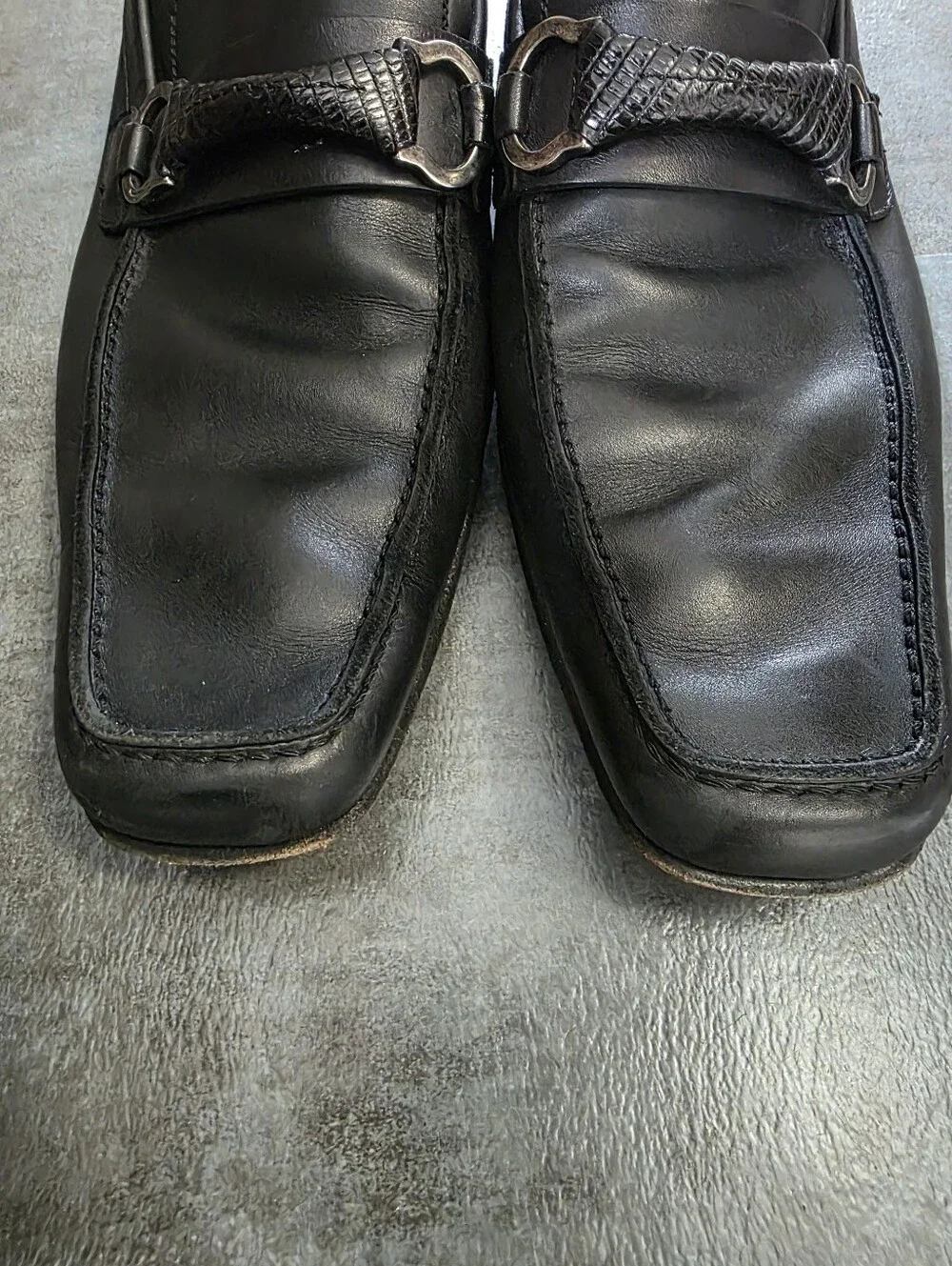 Salvatore Ferragamo Black Leather Loafers Men's 11 D Square Toe Braided